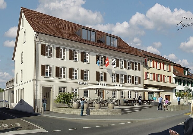 So soll der neue «Bären» schon bald aussehen: Visualisierung des renovierten Hotels im Seenger Dorfzentrum mit dem Durchgang links unten. Foto: zvg