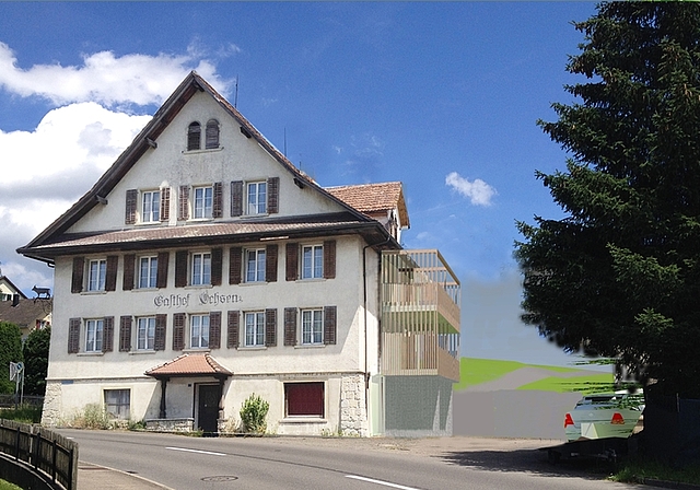 Seitenanbau fehlt künftig: Visualisierung des Umbaus des Restaurants Ochsen in Sarmenstorf. Foto: zvg