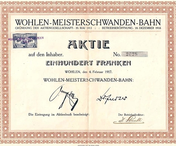 Bahngründung als Auslöser: Aktie der Wohlen-Meisterschwanden-Bahn von 1917. Foto: zvg Bahngründung als Auslöser: Aktie der Wohlen-Meisterschwanden-Bahn von 1917. Foto: zvg