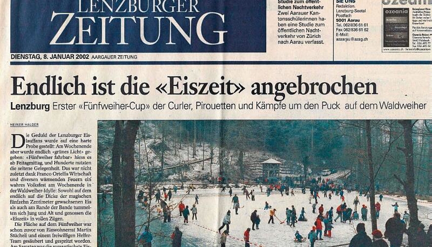 Das waren noch Zeiten: Zeitungsausriss vom Januar 2002, als auf die vielfältigen Aktivitäten auf der Eisfläche des Fünfweihers aufmerksam gemacht wurde. Foto: Zeitungsarchiv