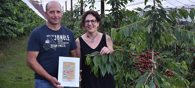 <em>Stolze Gewinner: </em>Martin und Lotti Baumann aus Beinwil am See mit der Siegerurkunde inmitten ihrer Kirschbäume. Foto: Larissa Hunziker