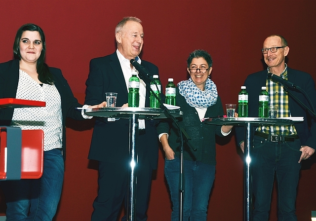 Podiumsdiskussion des Komitees «Bildungsbremse Nein»: Pro und kontra Lehrplan 21 diskutierten Susanne Kieser, Edgar Kohler, Ariane Roth und Markus Jägle. Foto: Peter Winkelmann