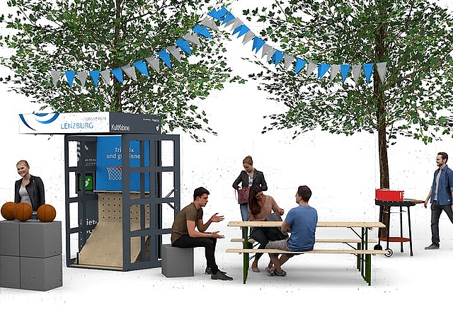 <em>Mögliche Verwendung der Telefonkabinen:</em> Showroom und Begegnungsort eines Lenzburger Vereins.Visualisierung: zvg
