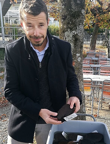 «Kulturhistorisch bedeutend»: Kantonsarchäologe Georg Matter mit Holz- stücken der Pfahlbauten Ägelmoos in Beinwil am See. Foto: Fritz Thut