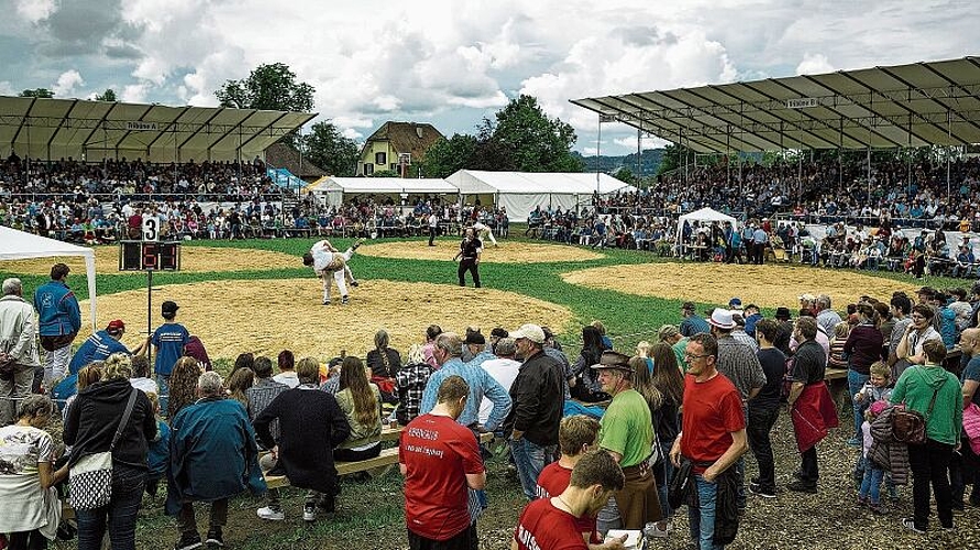 So wars vor fünf Jahren: Kantonalschwingfest 2016 in Lenzburg mit Tribünen und vielen Zuschauern trotz durchzogenem Wetter. Foto: Chris Iseli
