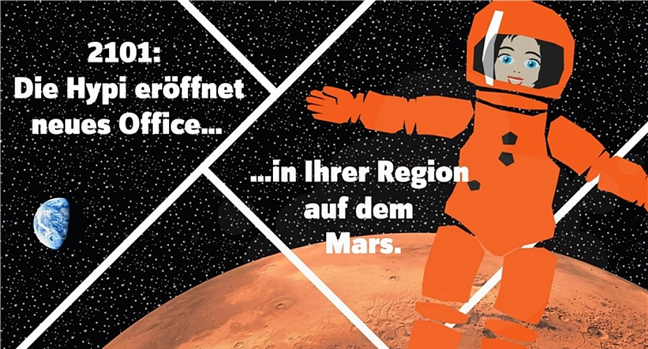 <em>Bald ein Büro auf dem Mars: </em>Standbild aus einem «Hypi»-Werbefilm. Foto: zvg/hbl
