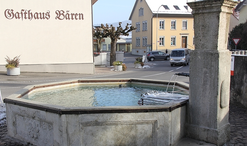Dorfbrunnen im Ortskern aus Muschelkalk, achteckig und wappenverziert: Geschaffen 1680 und im 18. Jahrhundert aussen mit einem Stock ergänzt. 1937 wurde er von seinem früheren Standort mitten auf der Strassenkreuzung an deren Rand versetzt. Bildet an prominenter Lage ein prägendes Element im weitgehend intakten Ortskern von Veltheim. Fotos: Alfred Gassmann
