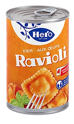 Aktuell: Büchse mit Hero-Eier-Ravioli. Foto: adi
