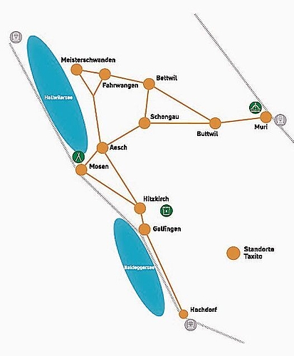 Elf Standorte in zwei Kantonen: Das Netz von Taxito Seetal. Foto: zvg