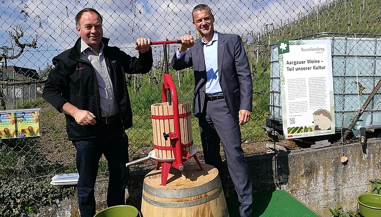 Neuer Posten für Buurelandweg: Die Verbandspräsidenten Alois Huber und Roland Michel eröffnen an der Presse der Station «Weinbau Aargau» die zweite Saison. Foto: Fritz Thut