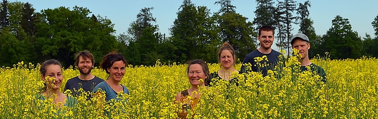 <em>Mitten im blühenden Rapsfeld: </em>Die Betriebsgruppe von Solidarische Landwirtschaft Lenzburg mit Andrea, Lukas, Marion, Regula, Marie-Laure, Simeon und Marco. Foto: zvg