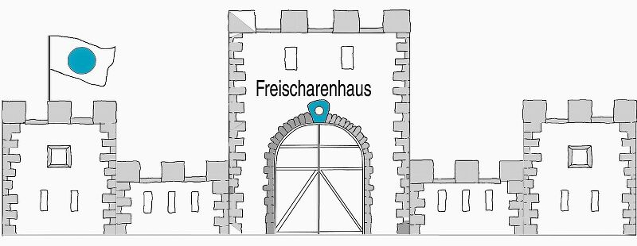 Ziert die Fassade des besetzten Hünerwadelhauses am Freischarenplatz: Abbildung einer imposanten Freischarenburg. Foto: zvg
