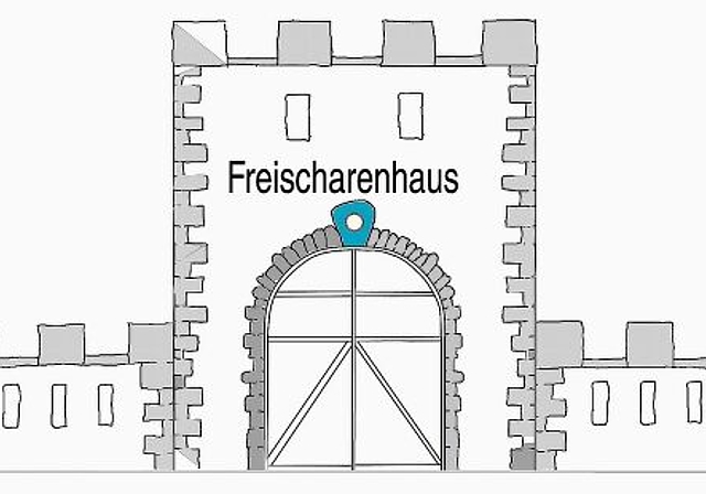 Ziert die Fassade des besetzten Hünerwadelhauses am Freischarenplatz: Abbildung einer imposanten Freischarenburg. Foto: zvg
