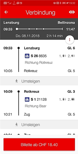 <em>Reisetag: </em>8. November 2018 <em>Abfahrt:</em> 09:33 <em>Ankunft:</em> 11:47 <em>Anzahl Umsteigen:</em> 3 (Rotkreuz, Zug, Arth) <em>Reisezeit:</em> 2 Stunden 14 Minuten
