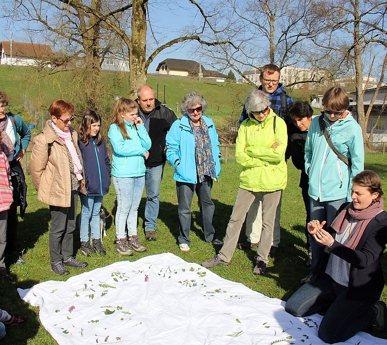 Erläuterungen am Start: Expertin Maya Tea (rechts) beim Spaziergang zu den Frühblühern in Lenzburg. Foto: Alfred Gassmann