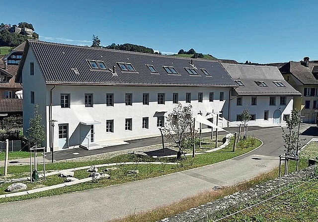 Das Bleiche-Areal im neuen Glanz: Im hinteren Gebäudeteil, mit separatem Eingang, befinden sich Inforaum und Wasserrad!Foto: zvg