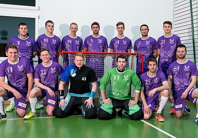 Das sind die «Brunegg High Flyers»: (von hinten links) Kevin Byland; Patrick Hunziker (Vizepräsident), Mathias Hunziker, Damian Suter (Präsident), Pascal Egger, Mirco Pfister, Janosch Brühlmeier; vorne (von links): Pascal Brunner (Chef Turnier-O