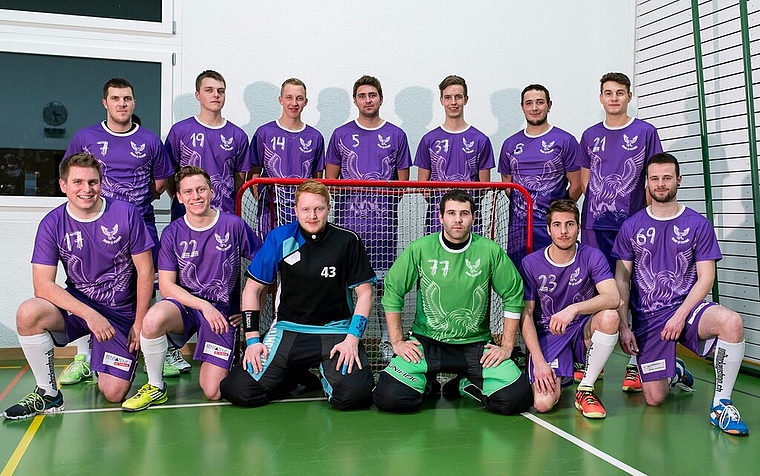 Das sind die «Brunegg High Flyers»: (von hinten links) Kevin Byland; Patrick Hunziker (Vizepräsident), Mathias Hunziker, Damian Suter (Präsident), Pascal Egger, Mirco Pfister, Janosch Brühlmeier; vorne (von links): Pascal Brunner (Chef Turnier-O