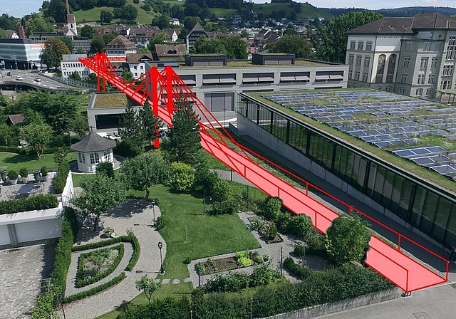 Vision von Pro Velo Lenzburg: Skizze der Velo-Hochbrücken zwischen Altstadt und der Schule Angelrain. Grafik: zvg