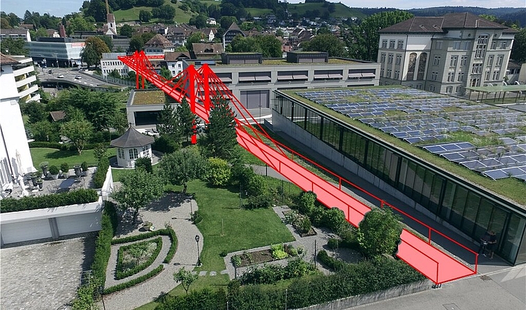 Vision von Pro Velo Lenzburg: Skizze der Velo-Hochbrücken zwischen Altstadt und der Schule Angelrain. Grafik: zvg