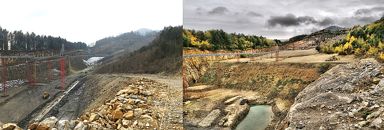 Steinbruch Oberegg: Vom Februar 2018 (links) bis Oktober 2020 (rechts) wurden rund 1 750 000 Tonnen Material eingebaut. Fotomontage: zvg