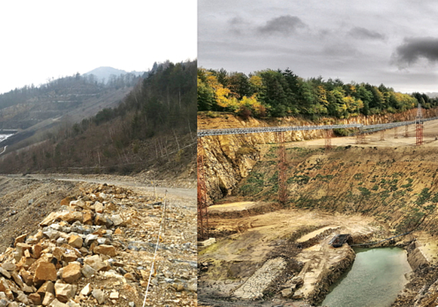 Steinbruch Oberegg: Vom Februar 2018 (links) bis Oktober 2020 (rechts) wurden rund 1 750 000 Tonnen Material eingebaut. Fotomontage: zvg