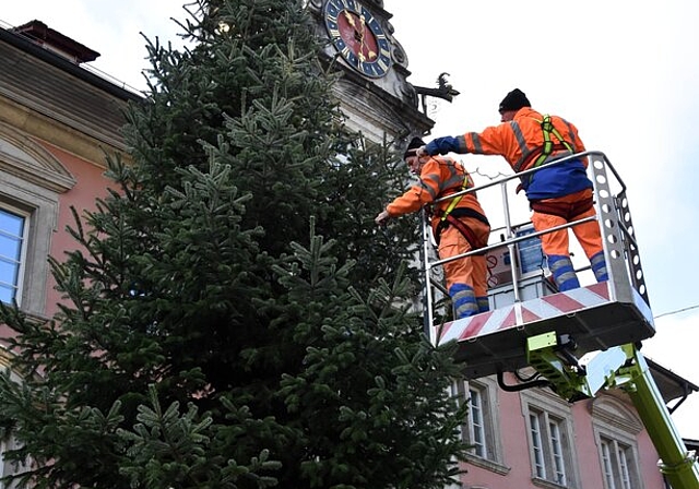<em>Leuchten künftig heller: </em>Bauamtsarbeiter montieren Lichterketten an der Weihnachtstanne in der Lenzburger Rathausgasse. Foto: Thomas Hofstetter