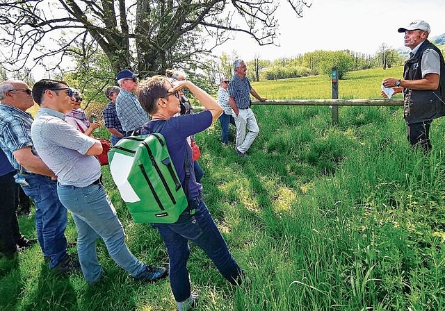 Interessantes vernommen: Grossratspräsidentin Elisabeth Burgener (vorne mit Rucksack) und Kollegen lauschen vor dem Seenger Ried den Ausführungen von Hallwilersee-Chefranger Wilke Scheitlin. Foto: Fritz Thut