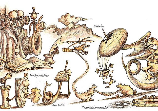 <em>Der Drachenforscher mit Untersuchungsobjekten und Hilfsmitteln:</em> Illustration aus «Die Seetaler Drachen-Saga». Foto: zvg
