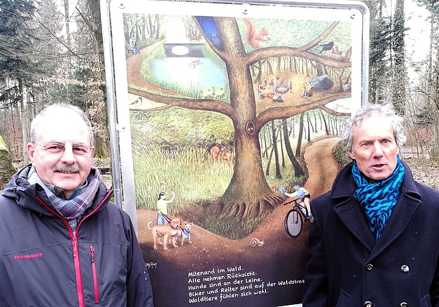 Kein Mahnfinger: Oberförster Frank Haemmerli und Kunstmaler Fritz Huser vor dem Waldknigge-Plakat. Foto: Fritz Thut