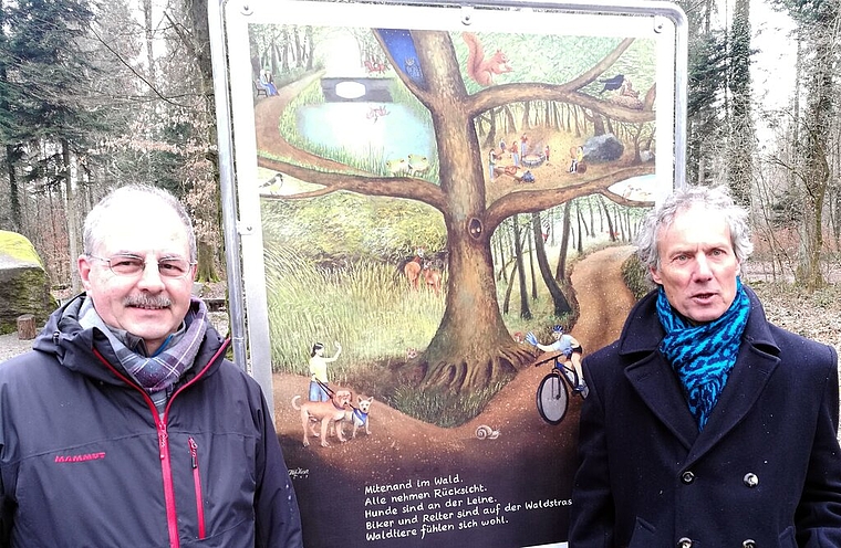 Kein Mahnfinger: Oberförster Frank Haemmerli und Kunstmaler Fritz Huser vor dem Waldknigge-Plakat. Foto: Fritz Thut