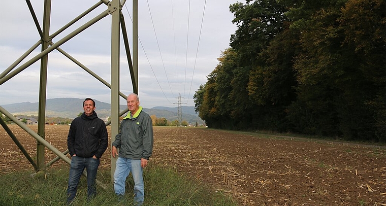 <em>Der Mindestabstand zwischen Bäumen und Starkstromleitung ist nicht mehr gegeben: </em>Markus Dietiker, Forstdienste Lenzia, und Willi Bürgi, Landschaftskommission Niederlenz, bei einem Augenschein am Waldrand hinter dem Sportplatz Altfeld in Ni