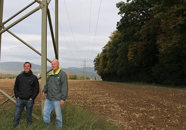 <em>Der Mindestabstand zwischen Bäumen und Starkstromleitung ist nicht mehr gegeben: </em>Markus Dietiker, Forstdienste Lenzia, und Willi Bürgi, Landschaftskommission Niederlenz, bei einem Augenschein am Waldrand hinter dem Sportplatz Altfeld in Ni