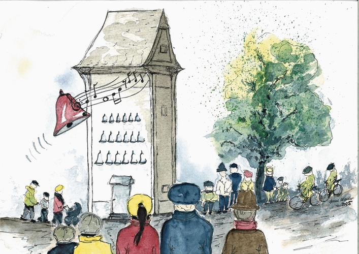 So könnte der Trafoturm mit Carillon aussehen: Illustration von Irene Walter.Foto: zvg