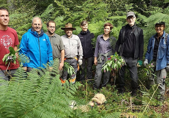 <em>Grosse Zufriedenheit über das Erreichte bei der Neophytenbekämpfung im Lenzburger Wald:</em> Forstdienste-Lenzia-Mitarbeiter und Freiwillige, etwa vom Natur- und Vogelschutzverein, während des samstäglichen Aktionstags. Foto: Fritz Thut