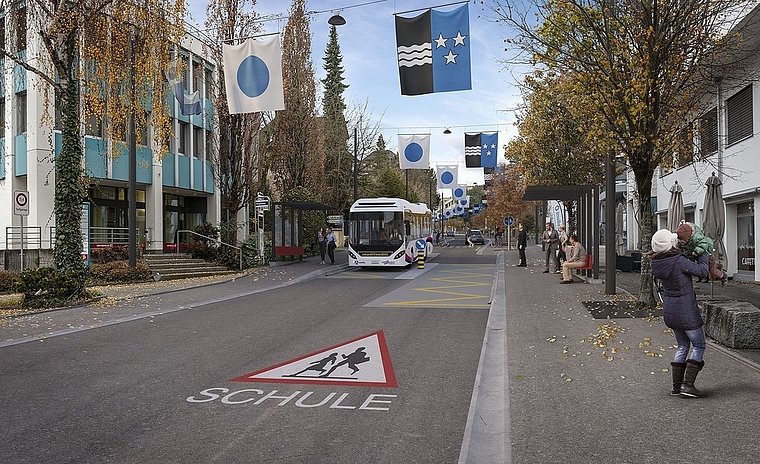 Betonung des urbanen Charakters: Bahnhofstrasse nach der Sanierung mit Hängebeleuchtung und montierten Fahnen. Visualisierung: zvg