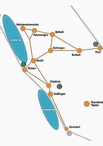 Elf Standorte in zwei Kantonen: Die Auflade-Points von Taxito Seetal. Grafik: zvg