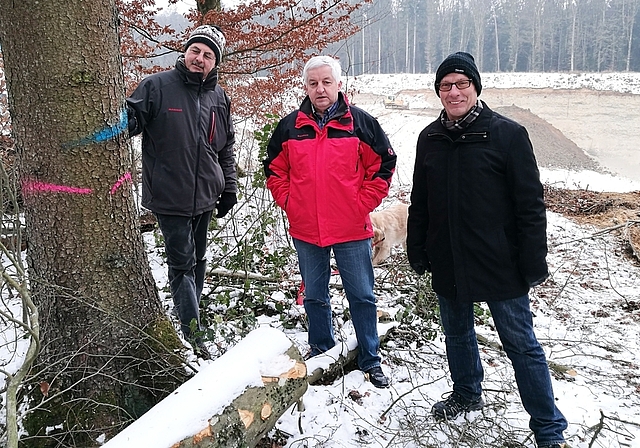 Waldrodung für weitere Kiesabbauetappe: Markierter Baum im Gebiet Länzertwald mit Stadtoberförster Frank Haemmerli, Kommissionspräsident Gottfried Kneuss und Stadtrat Martin Stücheli. Foto: Fritz Thut