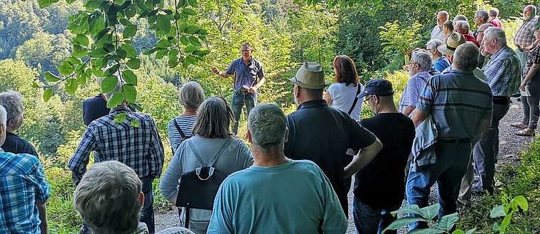 <em>Informierte über den Stand der Wiederaufforstung nach Sturm Lothar:</em> Betriebsleiter Marcel Hablützel vor Teilnehmern am speziellen Waldumgang mit Sponsoren.Foto: Fritz Thut