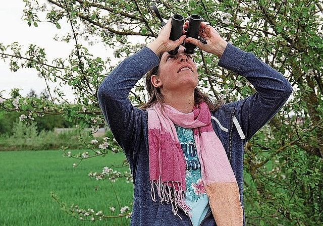 Den Flug einer Feldlerche zu beobachten, ist faszinierend: Flavia Geiger bei einer ihrer Exkursionen im Staufnerfeld. Foto: Alfred Gassmann