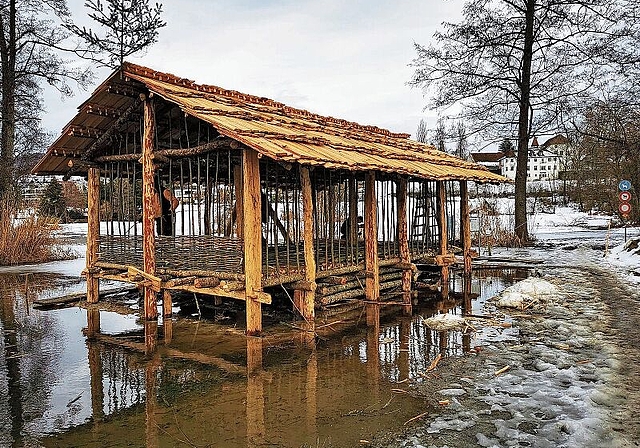 Neuer Nachbau mit Aufrichtebaum: Pfahlbauhaus beim Seenger Männerbad. Foto: Fritz Thut
