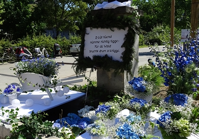 <em>«D Lüüt tüend nümme richtig tigge…»:</em> Der Spruch beim hier noch vollständig dekorierten Widmi Brunnen bekam im Nachhinein eine spezielle BedeutungFotos: zvg