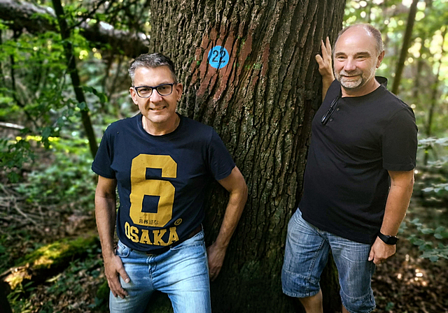 Bieten alternative Bestattungsart: Gemeinderat André Lauper und Förster Urs Meyer bei der Grosseiche im Waldfriedhof. Foto: Fritz Thut