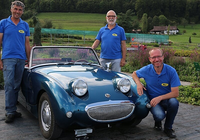 Parat für das Oldtimertreffen Schafisheim: Im Bild posieren (v.l.) Daniel Labhardt, Max Frieden und Beat Bögli vom OK mit einem Austin Healey Sprit mit Jahrgang 1947. Foto: Melanie Solloso