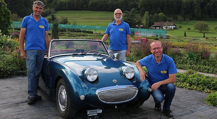 Parat für das Oldtimertreffen Schafisheim: Im Bild posieren (v.l.) Daniel Labhardt, Max Frieden und Beat Bögli vom OK mit einem Austin Healey Sprit mit Jahrgang 1947. Foto: Melanie Solloso