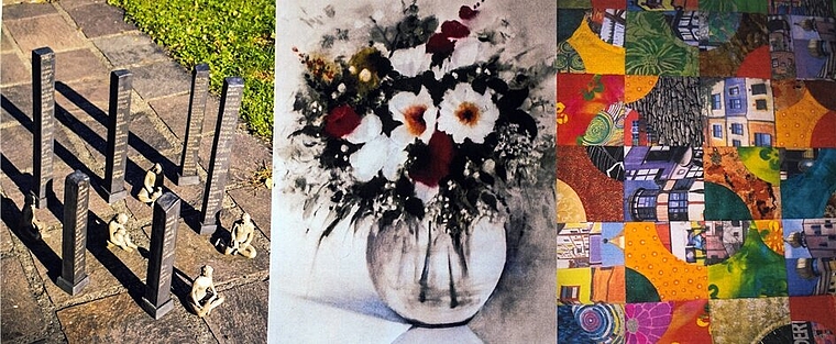 Niederlenzer Künstlerinnen im Müllerhaus zu sehen: Keramik von Agnes Hodel, Malerei von Ursula Steinmann und Patchwork von Helga Völkel. Foto: zvg