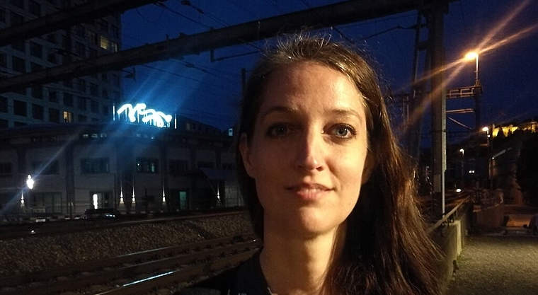 <em>Werk und Künstlerin:</em> Die Neon-Skulptur «Flights» links von Franziska Furter auf der alten Spenglerei im Quartier «Im Lenz» an der Vernissage. Foto: Fritz Thut