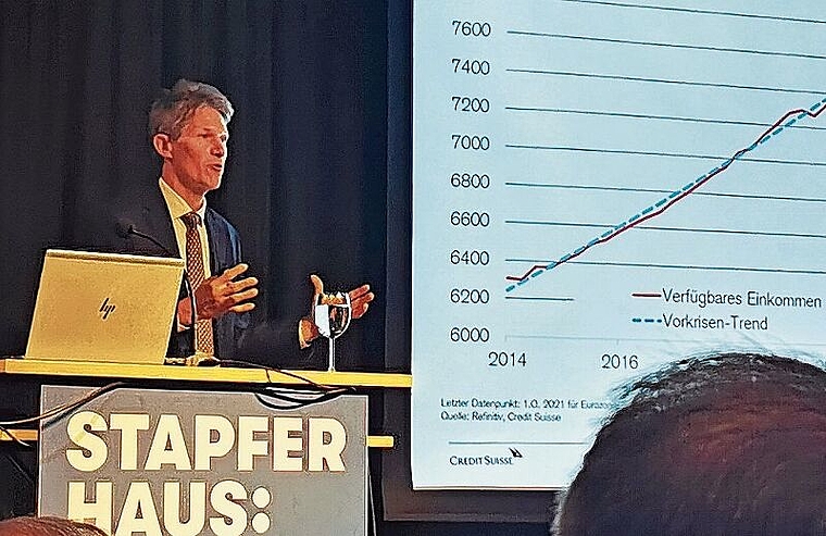 Kurven deuten aufwärts: Claude Maurer, der Chefökonom Schweiz der Credit Suisse, bei seinem Referat am Wirtschaftsapéro im Stapferhaus. Foto: Fritz Thut