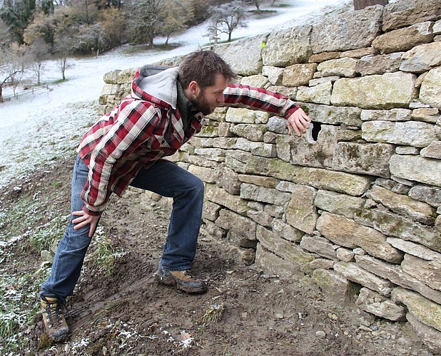An sanierter Trockensteinmauer: Lukas Häusler zeigt ausgesparte Nisthöhle. Foto: Alfred Gassmann An sanierter Trockensteinmauer: Lukas Häusler zeigt ausgesparte Nisthöhle. Foto: Alfred Gassmann