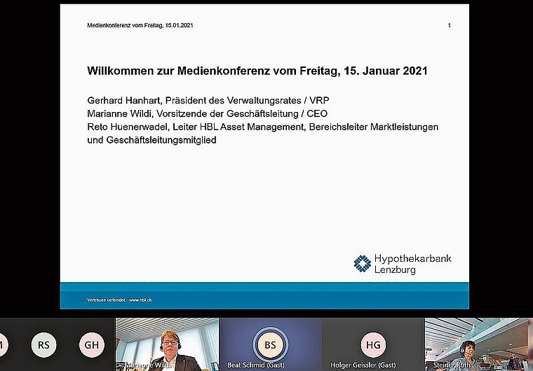 Spezielle Form der Durchführung: Online-Medienkonferenz zum Jahresergebnis der Hypothekarbank Lenzburg. Foto: Screenshot/tf